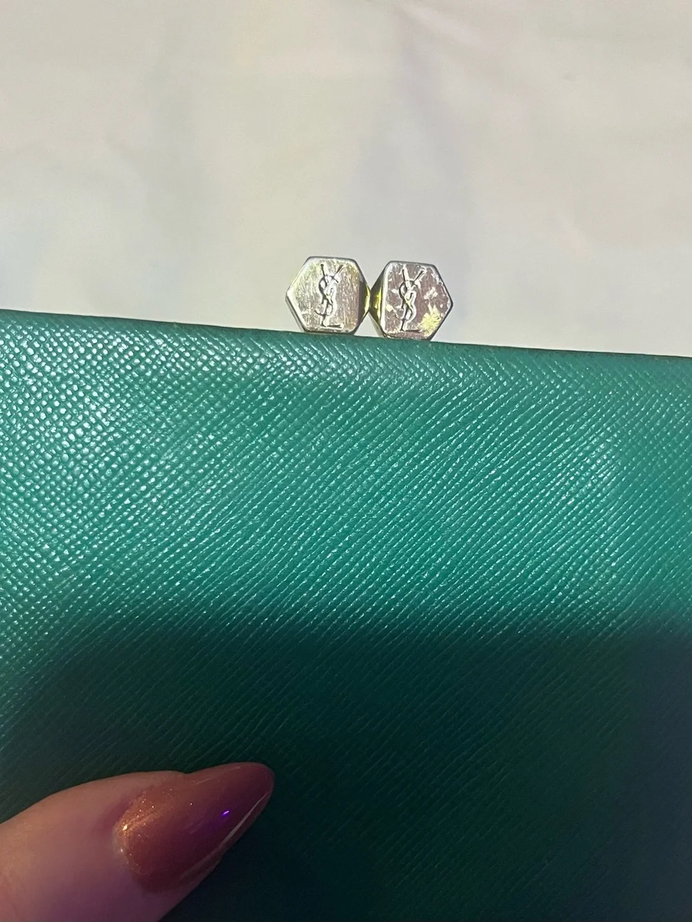 Authentic Yves Saint Laurent Teal Textured Leather Wallet with Heart Emblem - Picture 7 of 11